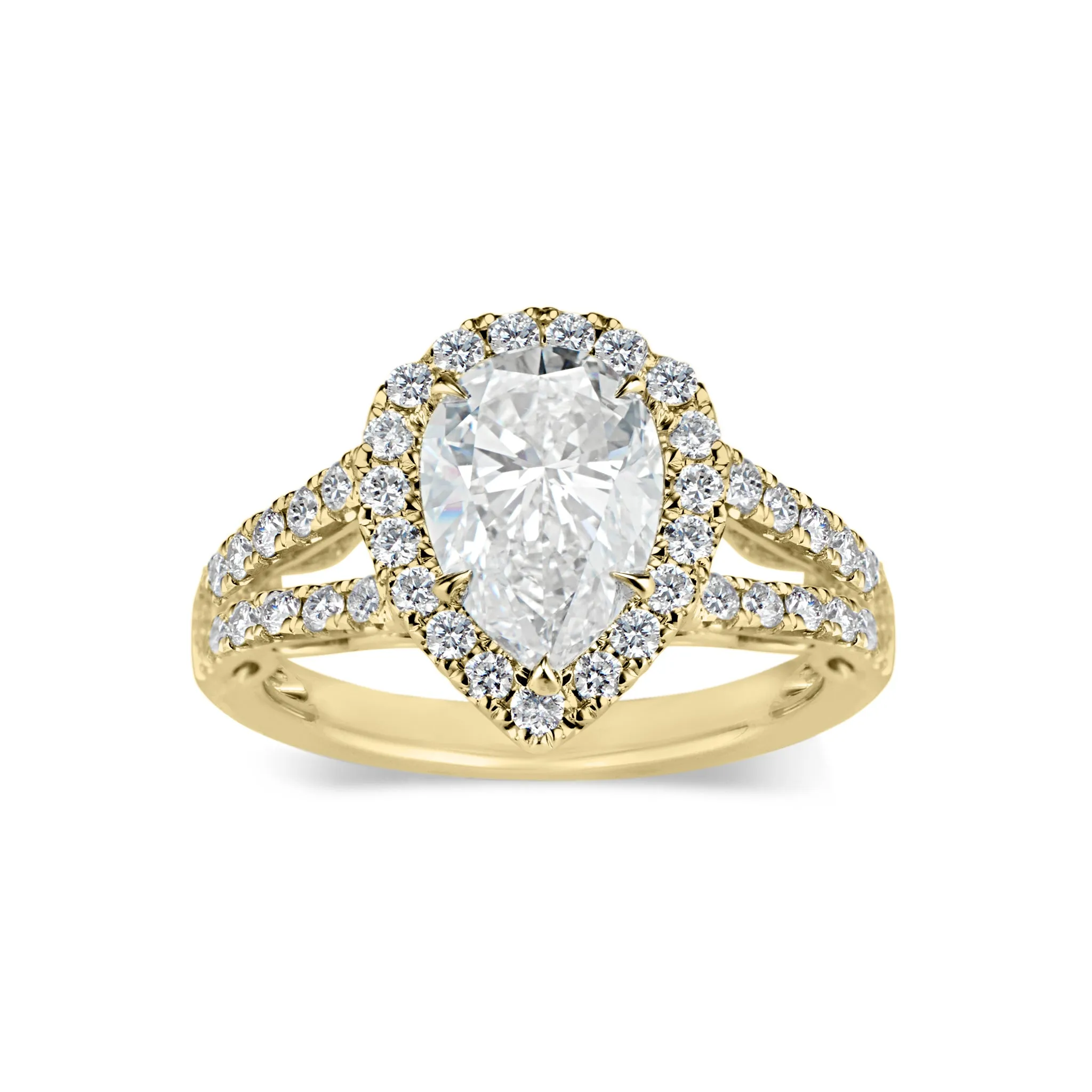 Pear-Shaped Halo Diamond Engagement Ring with Split Shank