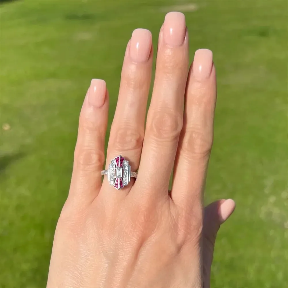 Platinum 1.08tcw Old Mine Cushion Diamond, Emerald & Diamond Ring at Regard Jewelry in Austin, Texas