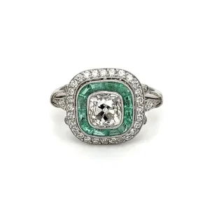 Platinum 1.08tcw Old Mine Cushion Diamond, Emerald & Diamond Ring at Regard Jewelry in Austin, Texas