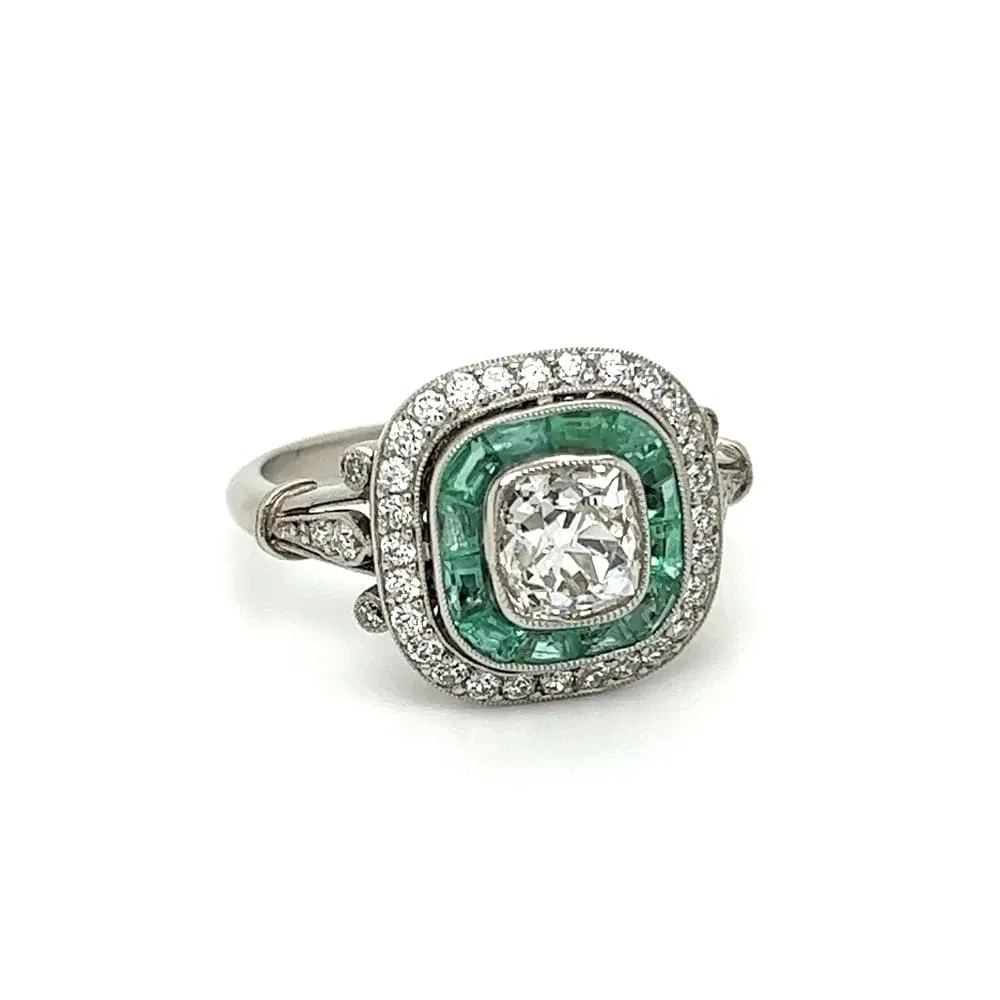 Platinum 1.08tcw Old Mine Cushion Diamond, Emerald & Diamond Ring at Regard Jewelry in Austin, Texas