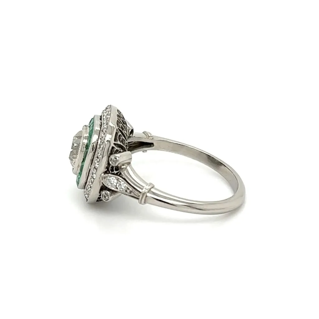 Platinum 1.08tcw Old Mine Cushion Diamond, Emerald & Diamond Ring at Regard Jewelry in Austin, Texas