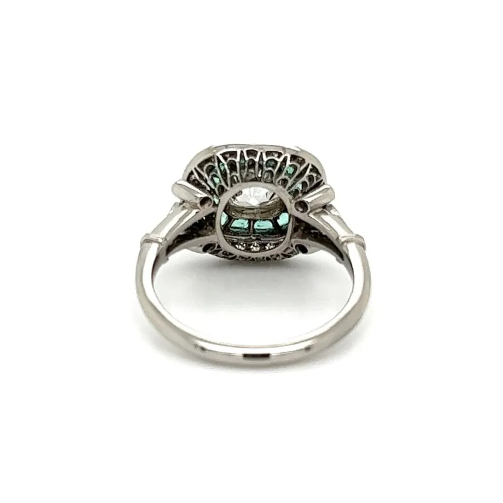 Platinum 1.08tcw Old Mine Cushion Diamond, Emerald & Diamond Ring at Regard Jewelry in Austin, Texas
