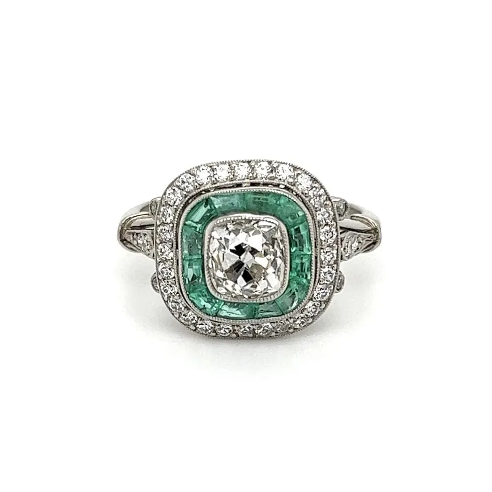 Platinum 1.08tcw Old Mine Cushion Diamond, Emerald & Diamond Ring at Regard Jewelry in Austin, Texas