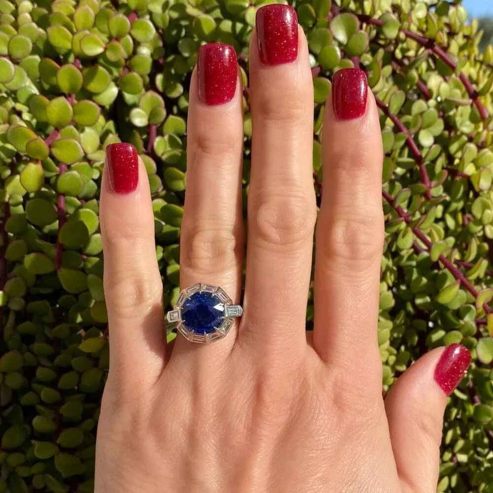 Platinum 1950's 9.11ct Round Blue Sapphire & 1.75tcw White Baguette Diamond Ring at Regard Jewelry