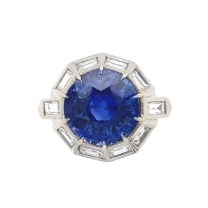 Platinum 1950's 9.11ct Round Blue Sapphire & 1.75tcw White Baguette Diamond Ring at Regard Jewelry