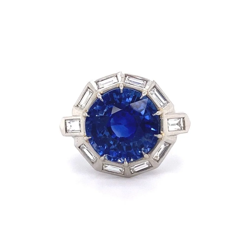 Platinum 1950's 9.11ct Round Blue Sapphire & 1.75tcw White Baguette Diamond Ring at Regard Jewelry