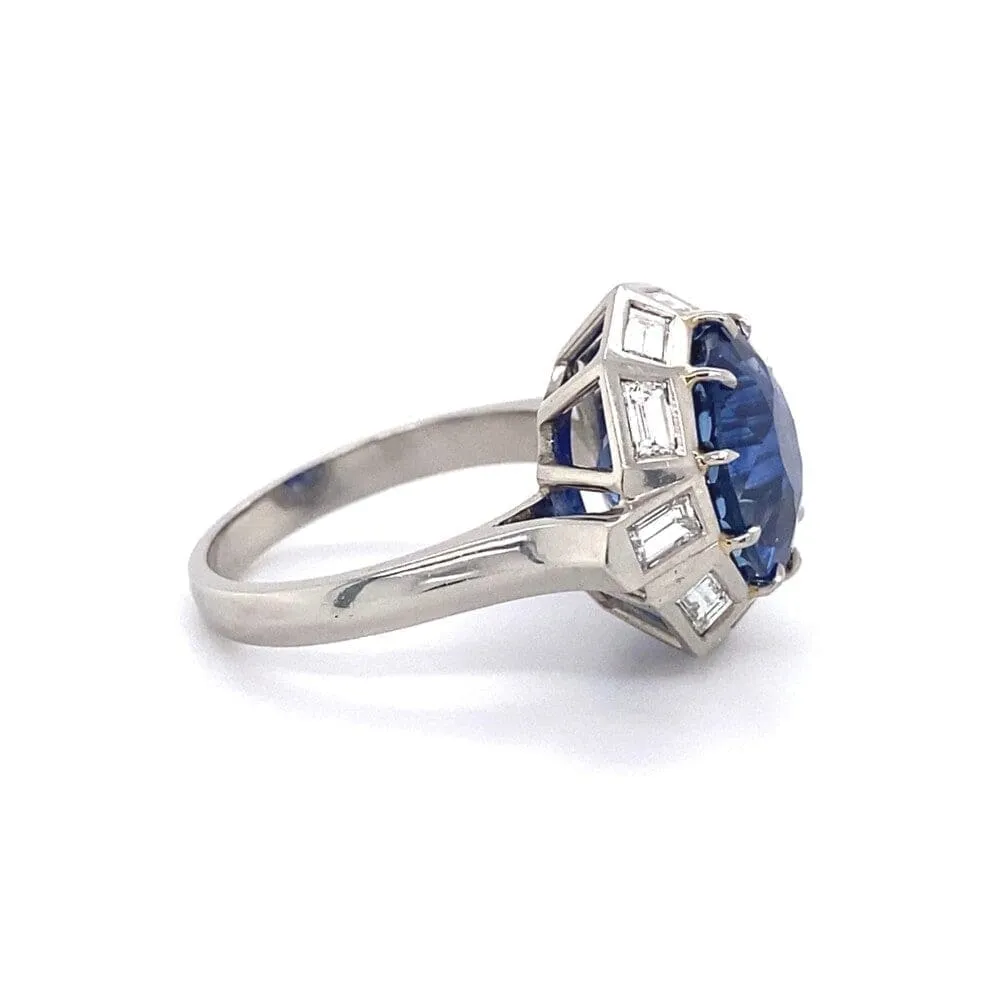 Platinum 1950's 9.11ct Round Blue Sapphire & 1.75tcw White Baguette Diamond Ring at Regard Jewelry