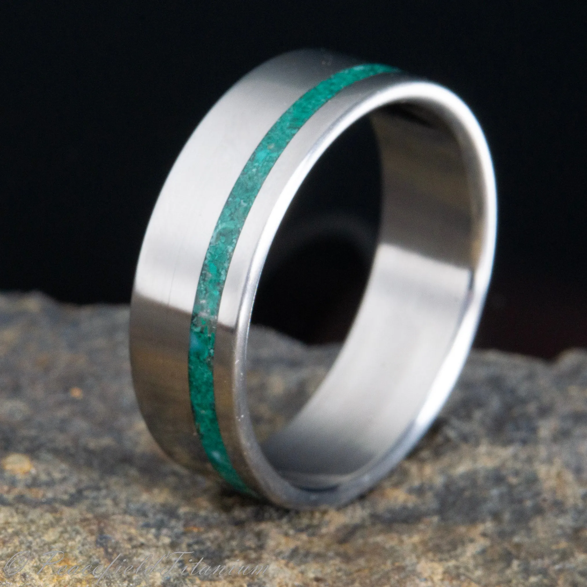 "The Collins" crushed Malachite on classic titanium ring