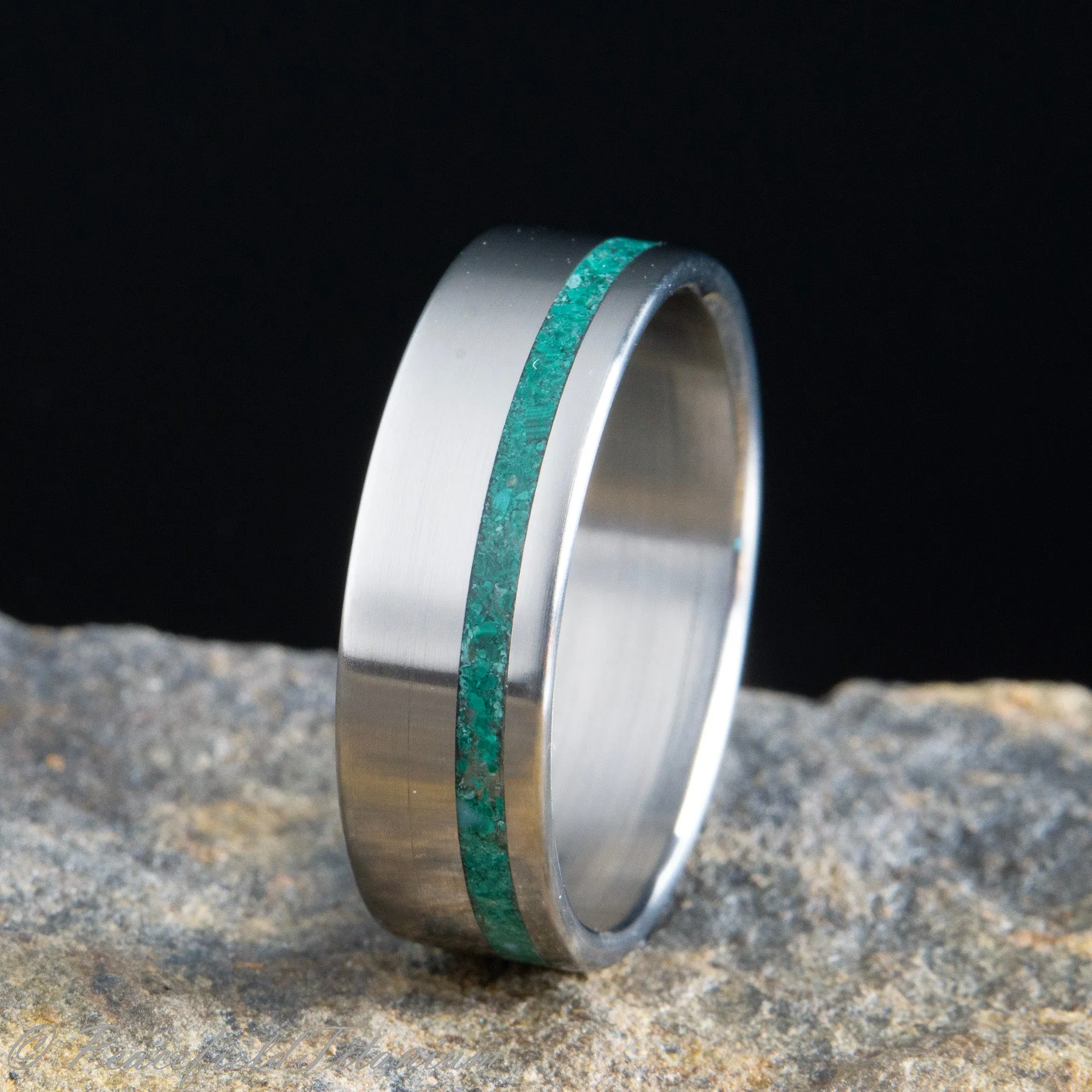 "The Collins" crushed Malachite on classic titanium ring