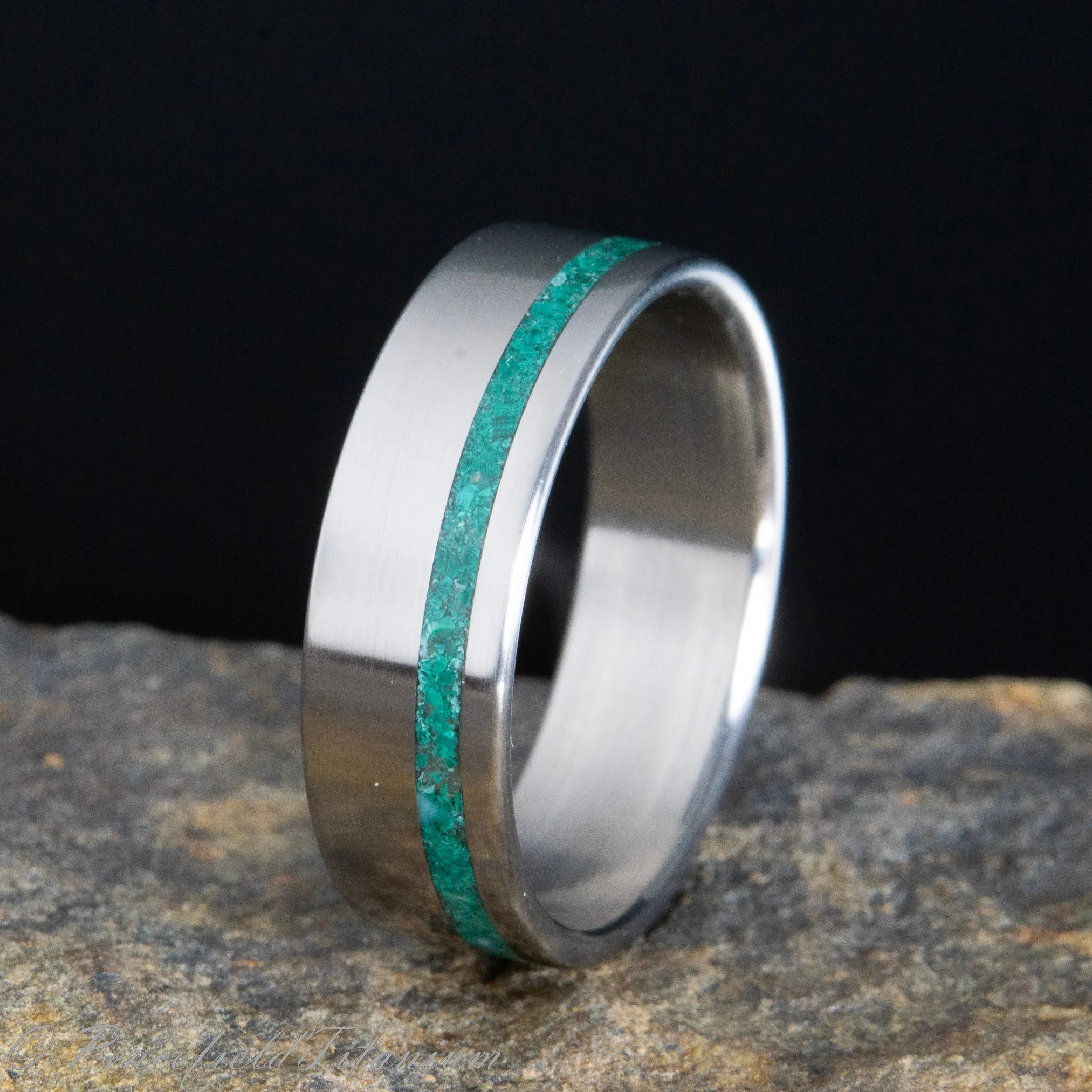 "The Collins" crushed Malachite on classic titanium ring