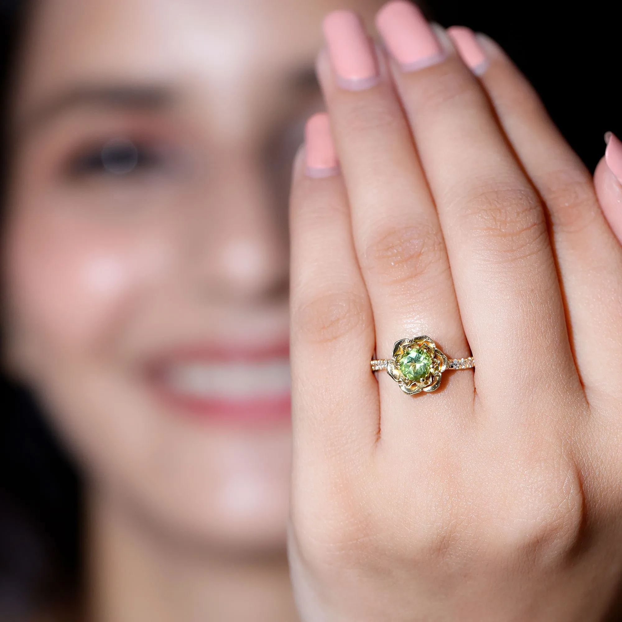 Real Peridot and Diamond Flower Engagement Ring
