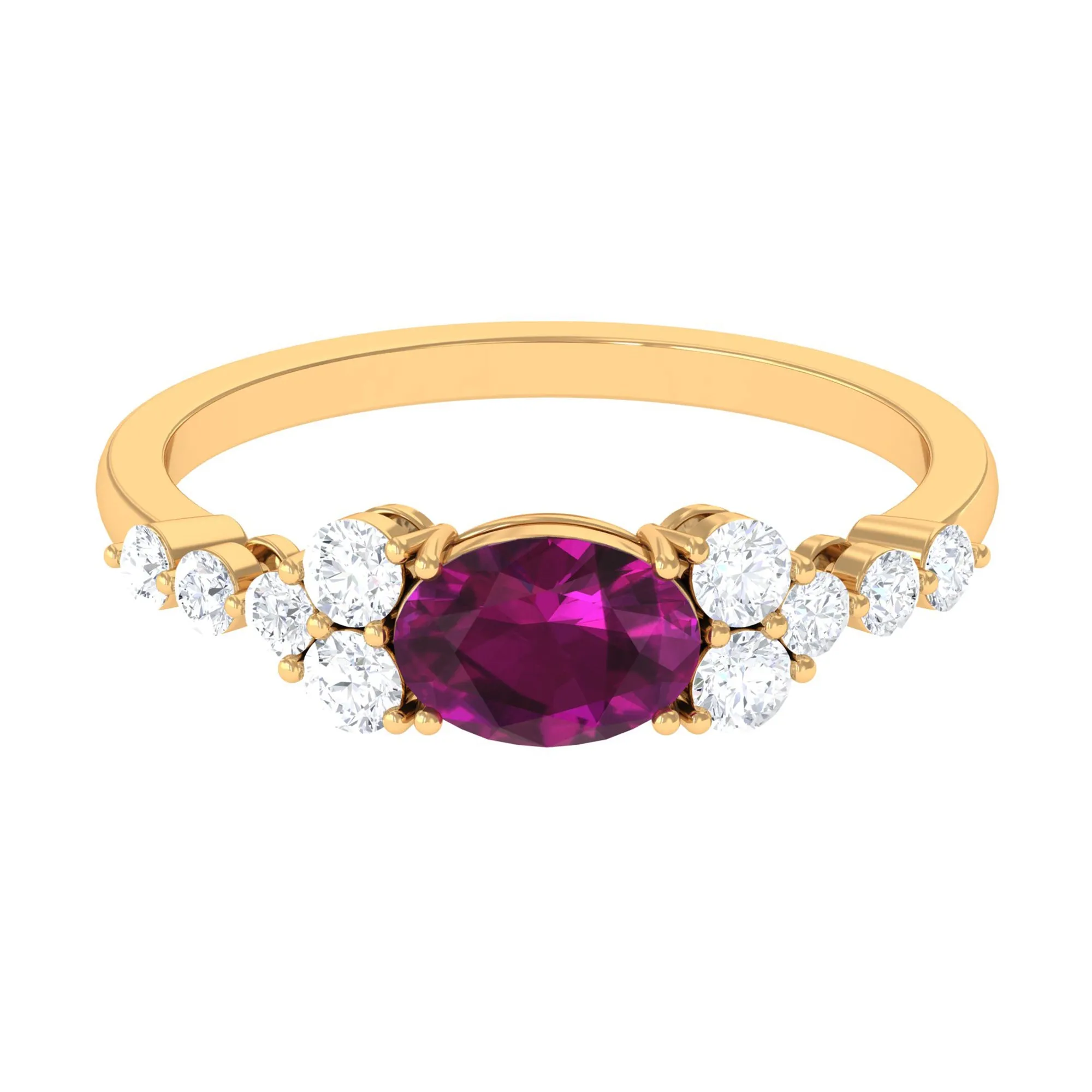 Real Rhodolite Solitaire East West Ring with Diamond Stones