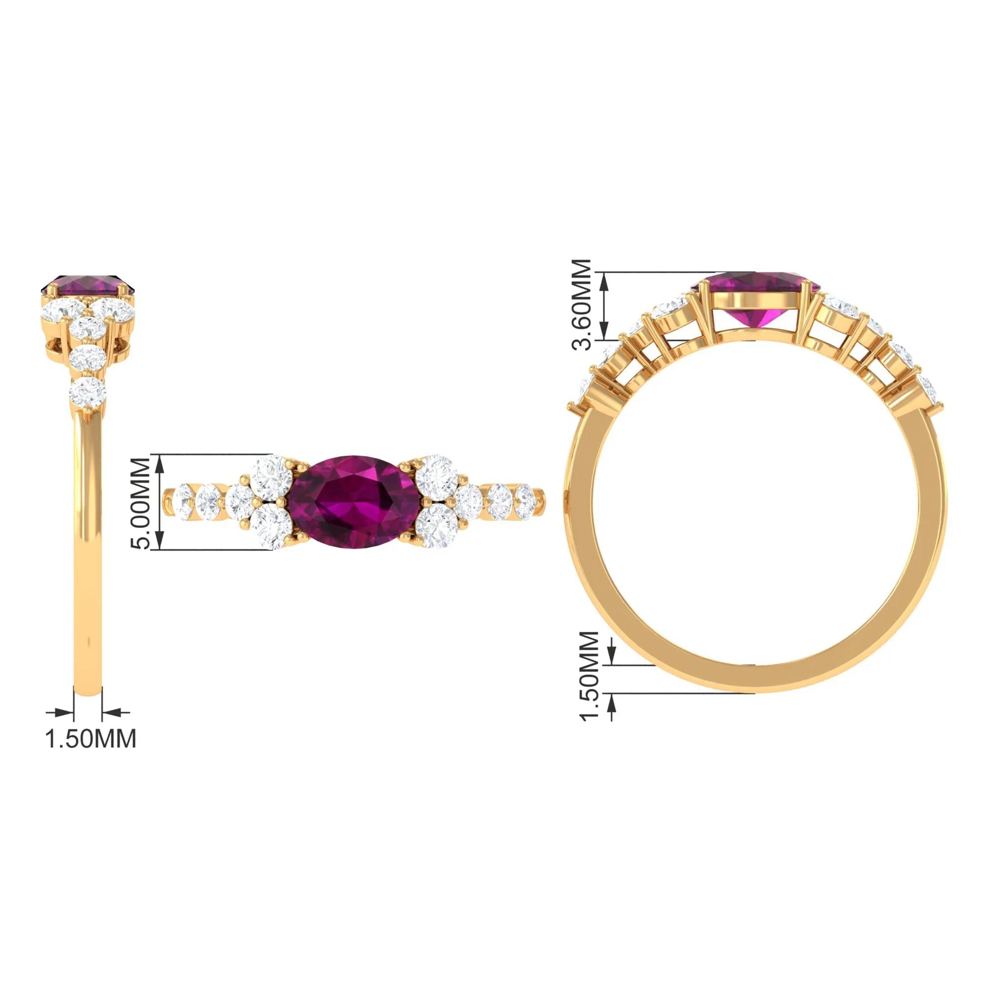 Real Rhodolite Solitaire East West Ring with Diamond Stones