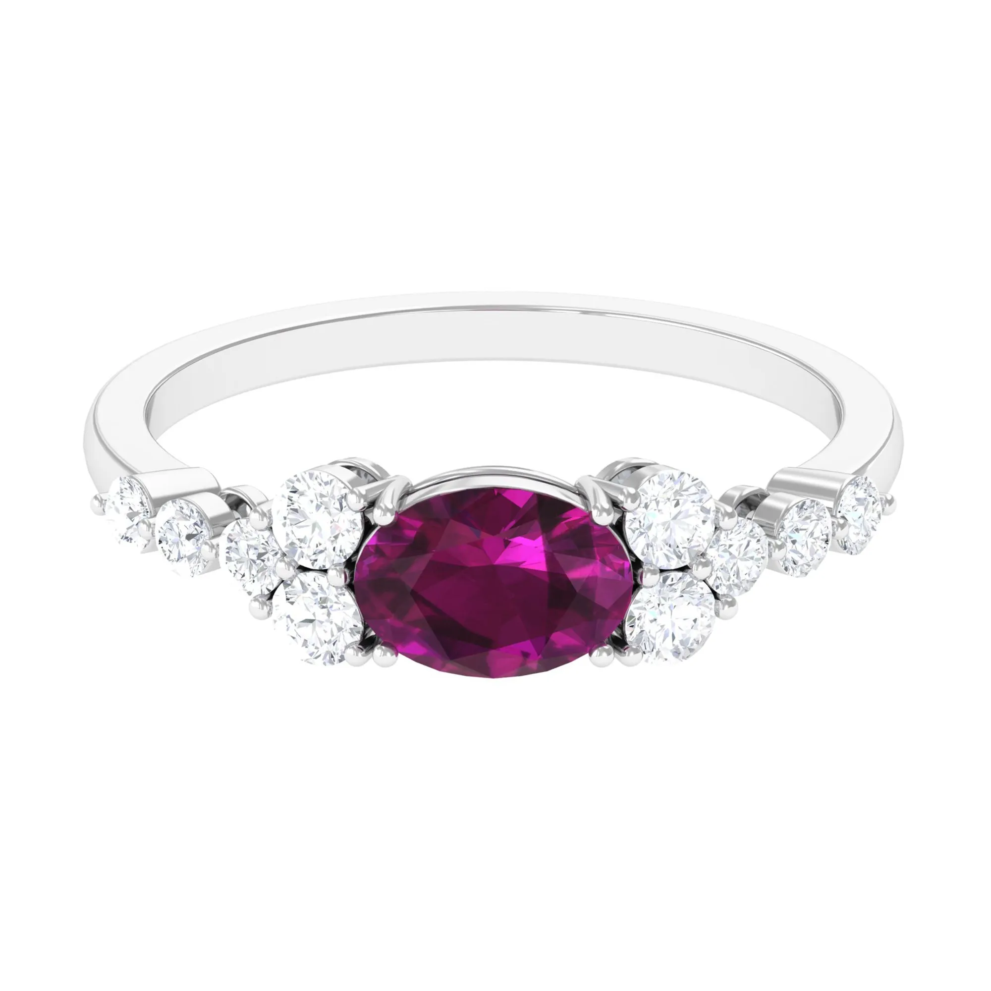 Real Rhodolite Solitaire East West Ring with Diamond Stones