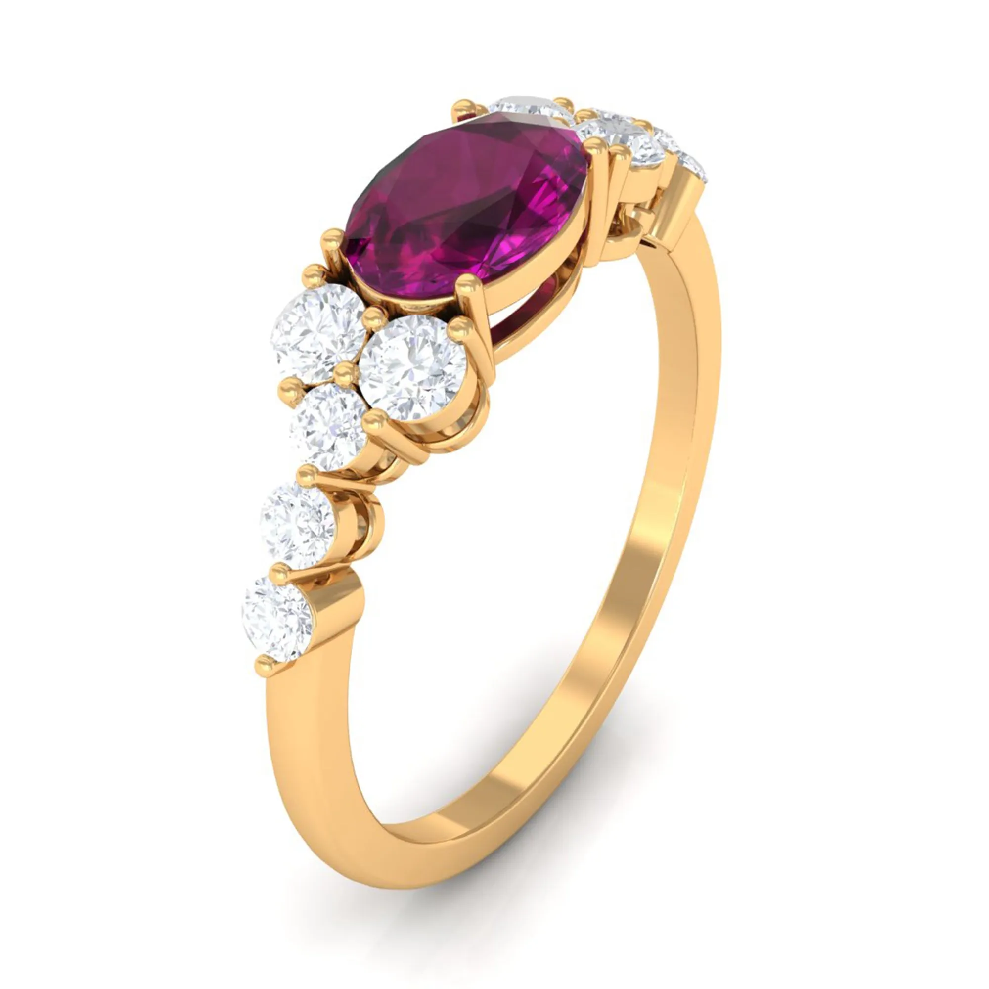 Real Rhodolite Solitaire East West Ring with Diamond Stones