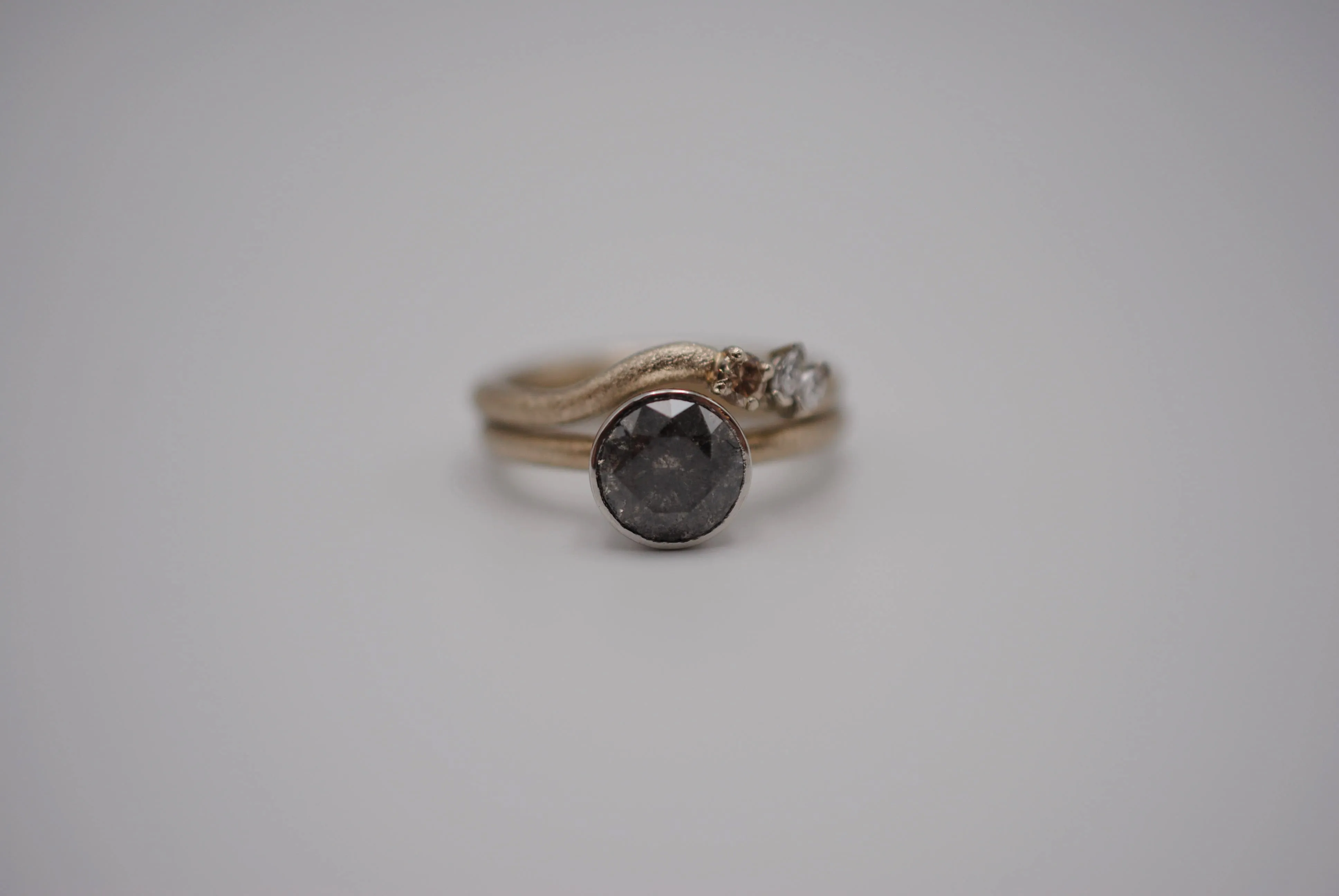 Salt and Pepper Ring: Round Cut, Stardust Palladium White Gold Band, Platinum Bezel Setting with Wedding Band