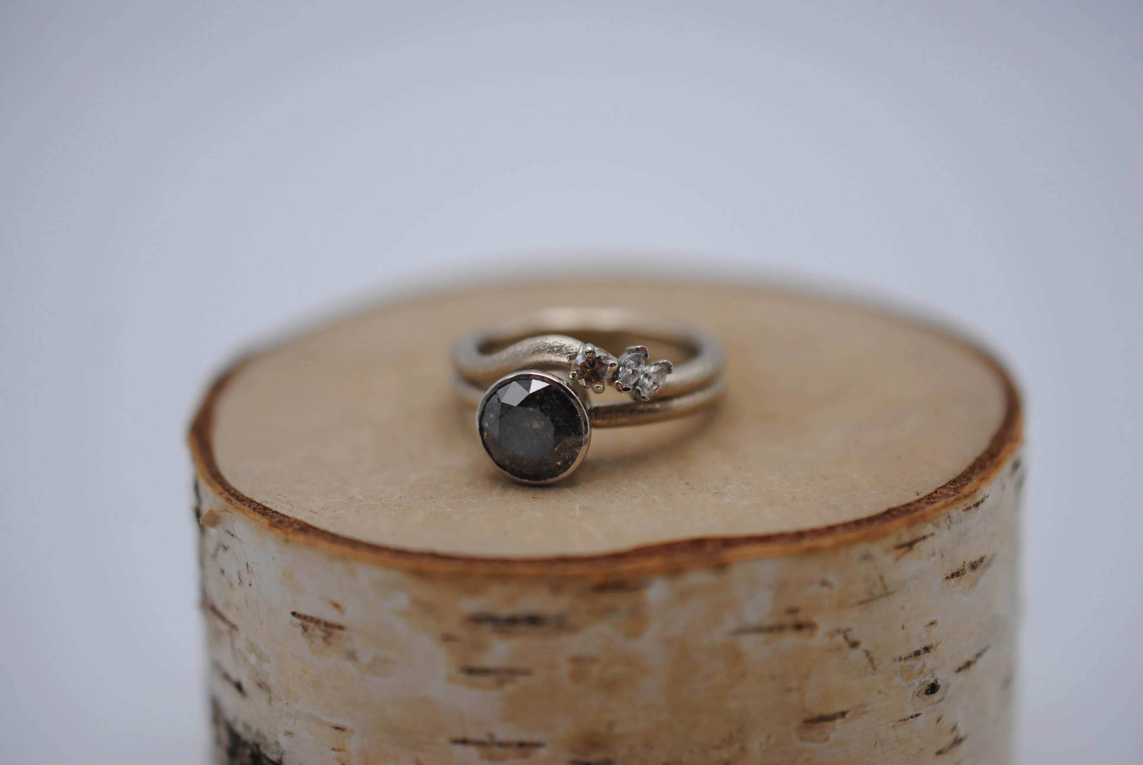 Salt and Pepper Ring: Round Cut, Stardust Palladium White Gold Band, Platinum Bezel Setting with Wedding Band
