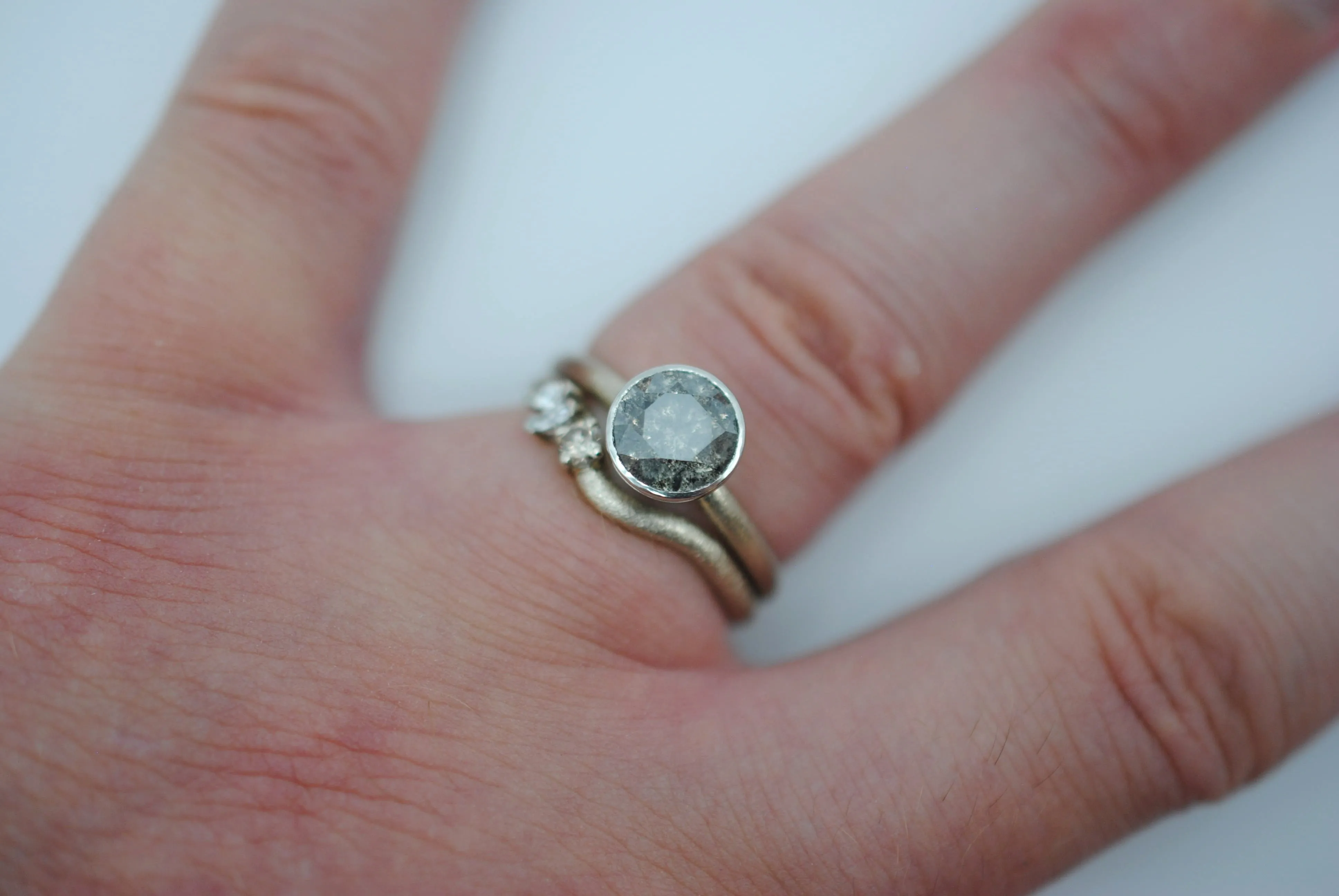 Salt and Pepper Ring: Round Cut, Stardust Palladium White Gold Band, Platinum Bezel Setting with Wedding Band