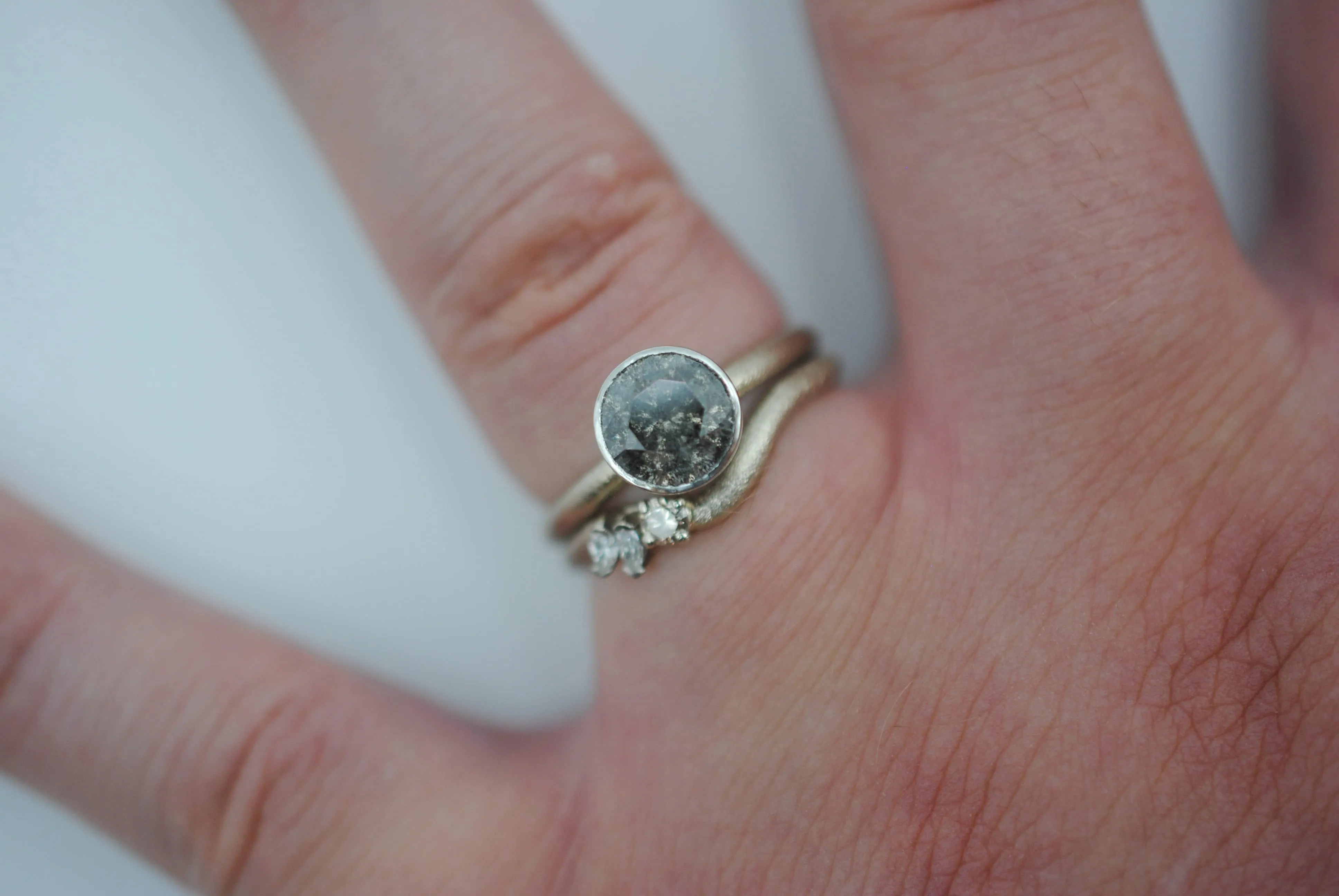 Salt and Pepper Ring: Round Cut, Stardust Palladium White Gold Band, Platinum Bezel Setting with Wedding Band