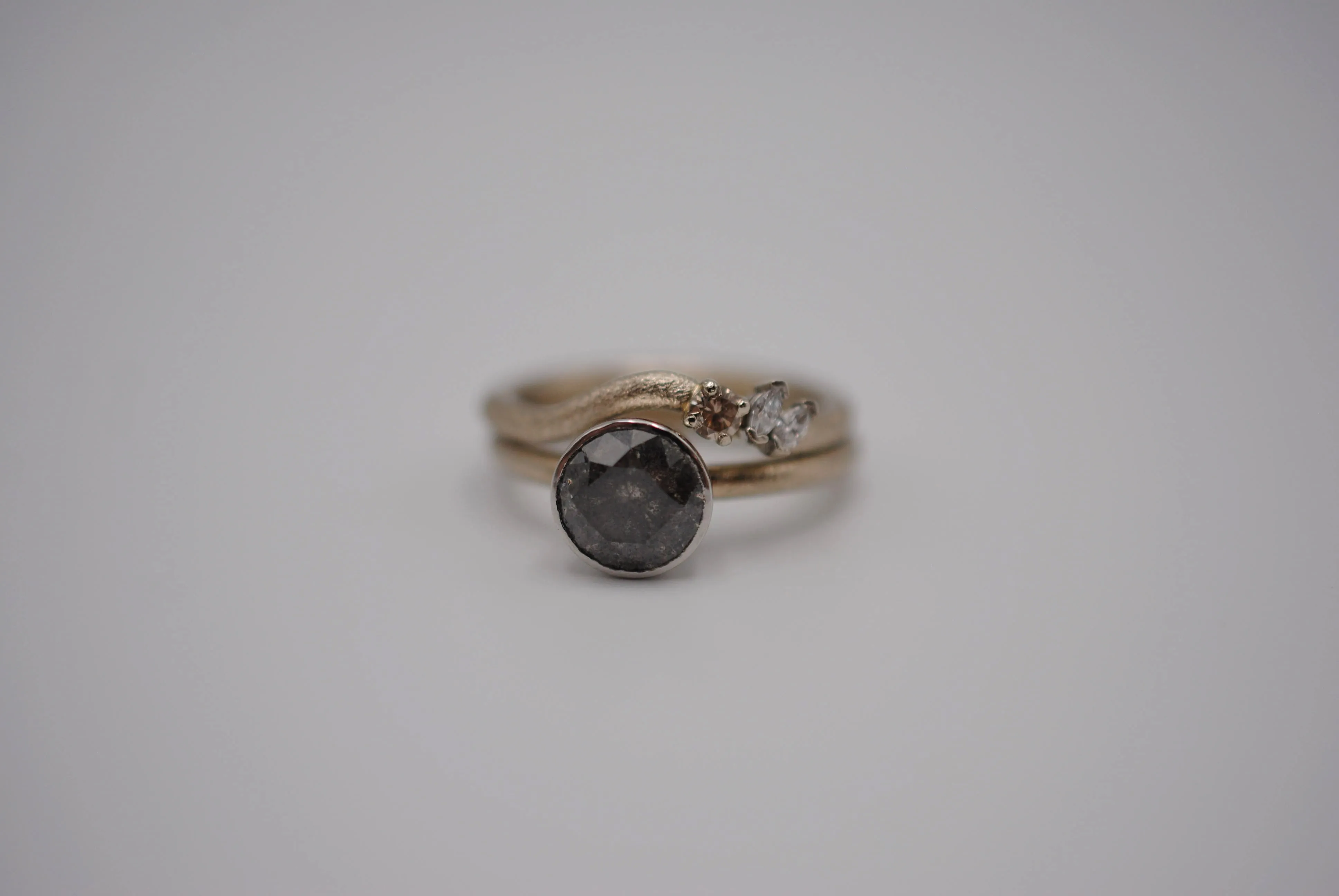 Salt and Pepper Ring: Round Cut, Stardust Palladium White Gold Band, Platinum Bezel Setting with Wedding Band