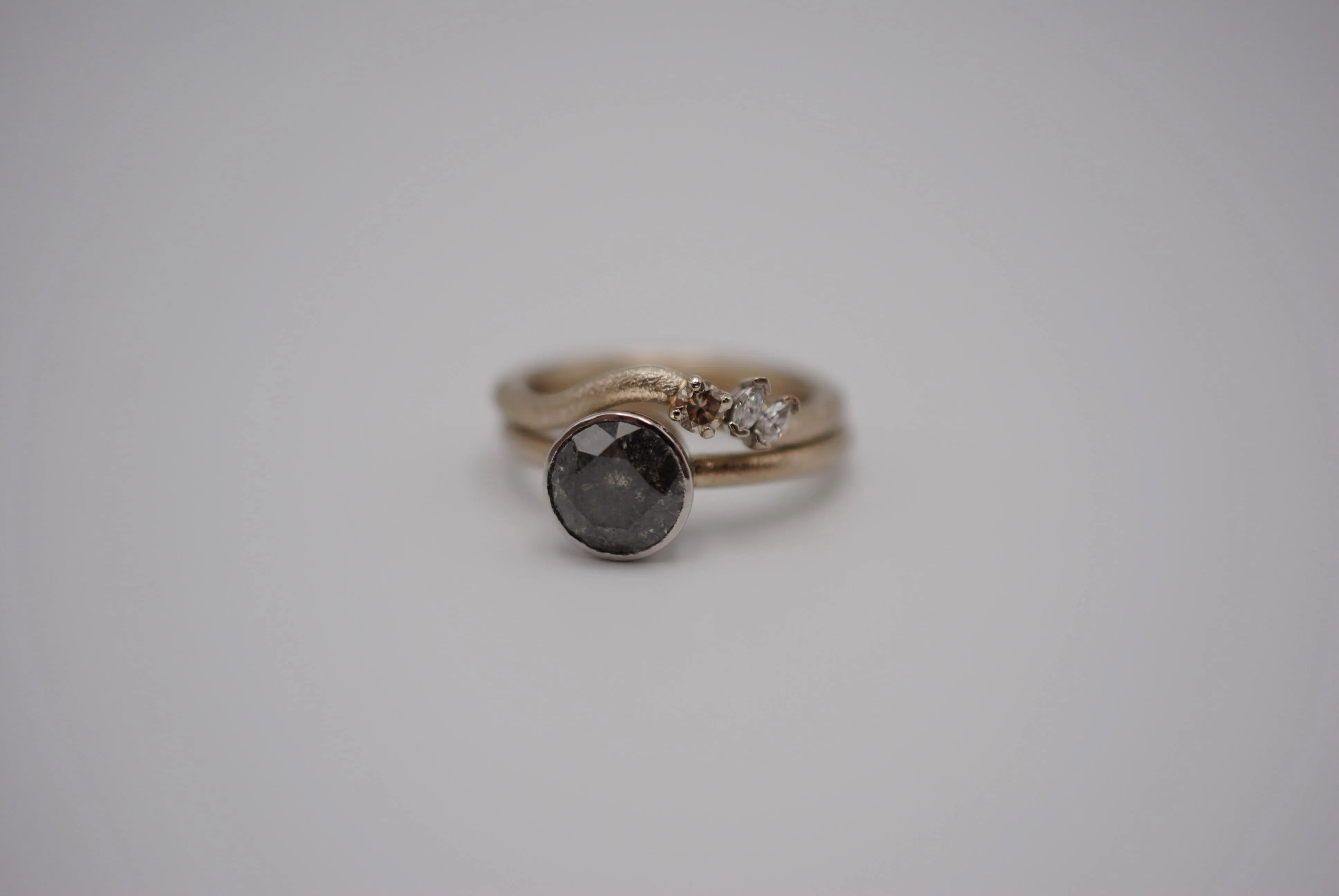 Salt and Pepper Ring: Round Cut, Stardust Palladium White Gold Band, Platinum Bezel Setting with Wedding Band