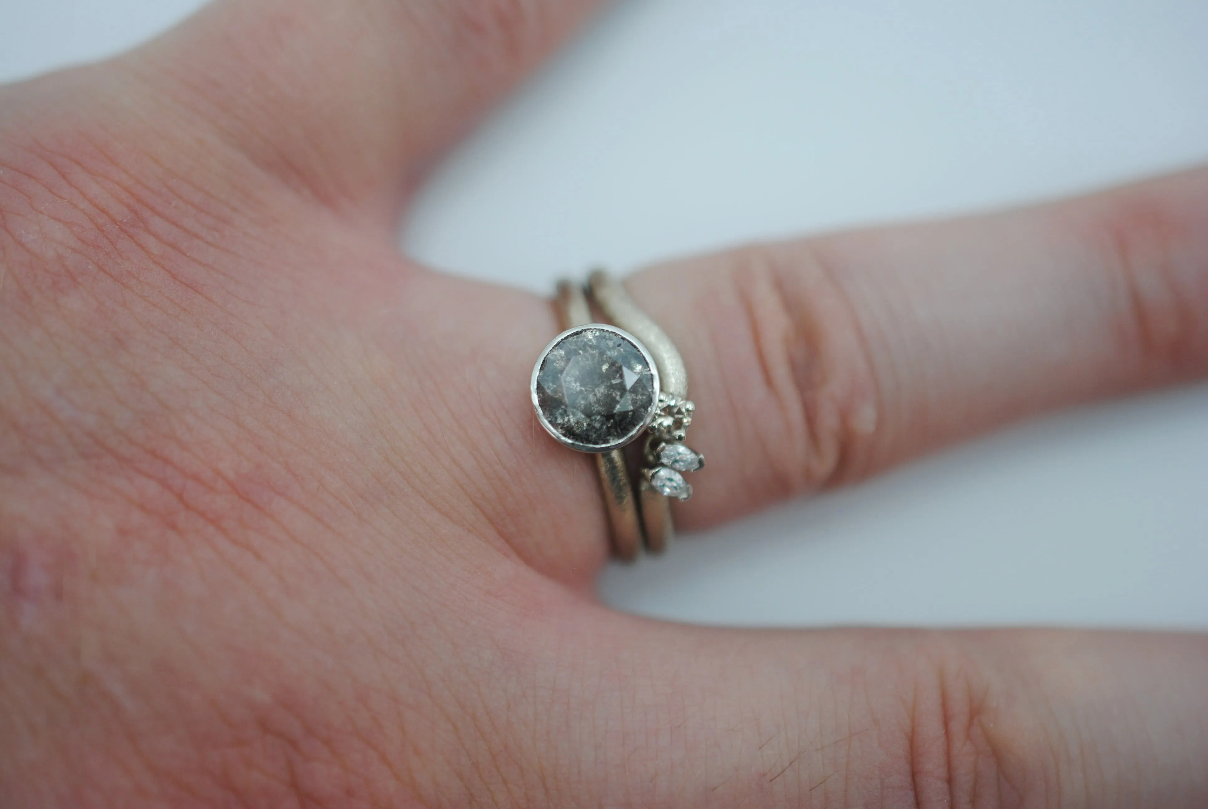 Salt and Pepper Ring: Round Cut, Stardust Palladium White Gold Band, Platinum Bezel Setting with Wedding Band