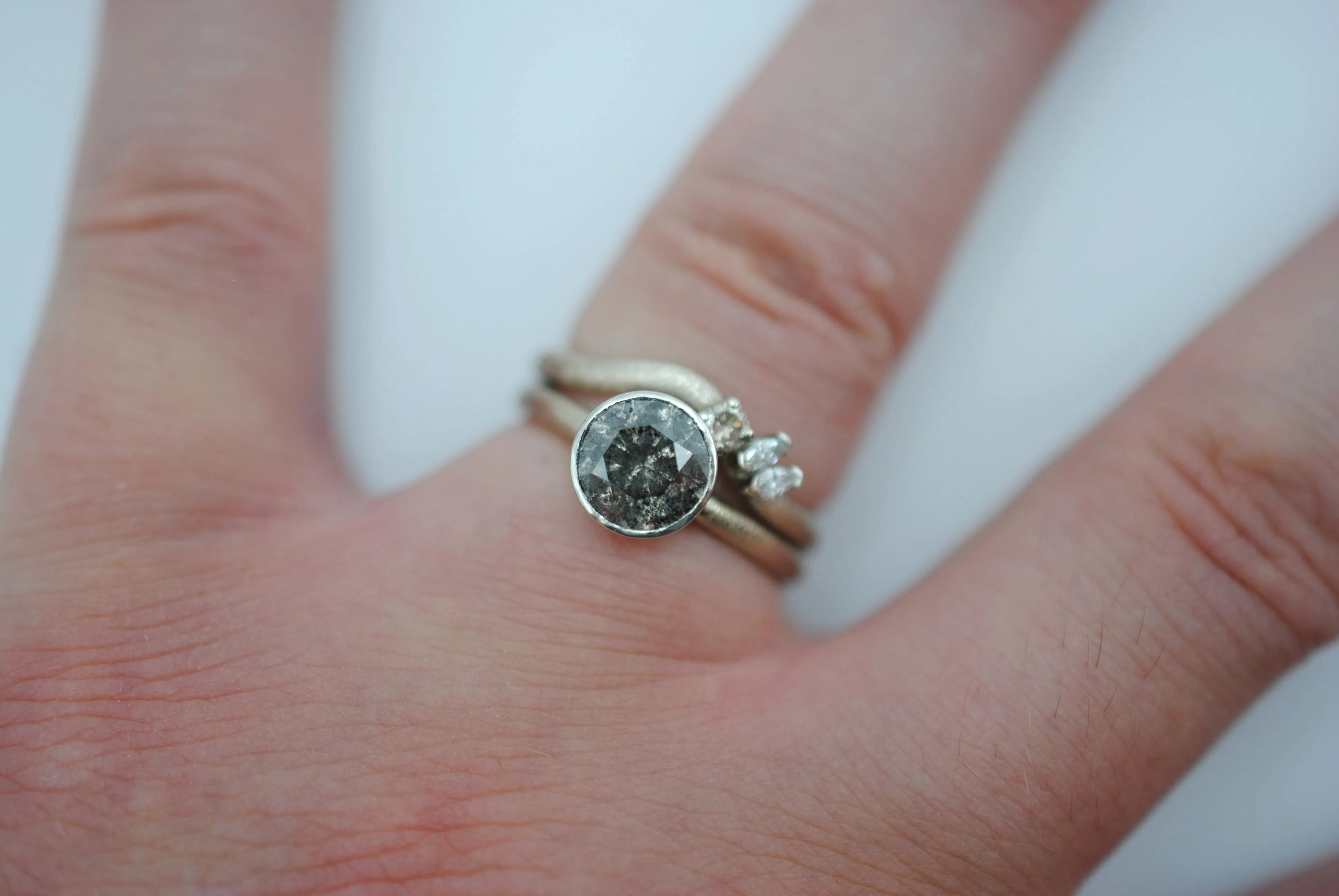 Salt and Pepper Ring: Round Cut, Stardust Palladium White Gold Band, Platinum Bezel Setting with Wedding Band