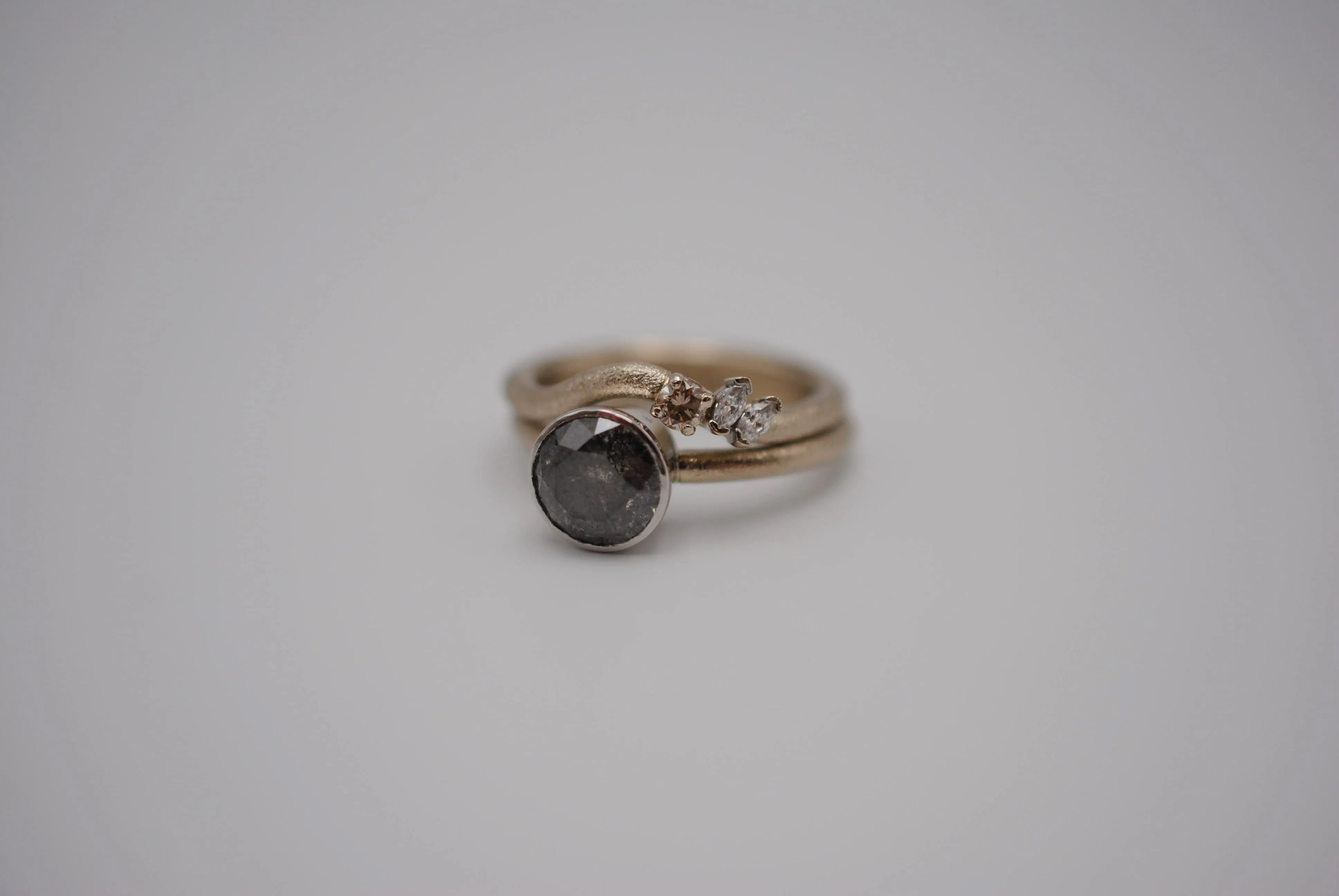 Salt and Pepper Ring: Round Cut, Stardust Palladium White Gold Band, Platinum Bezel Setting with Wedding Band