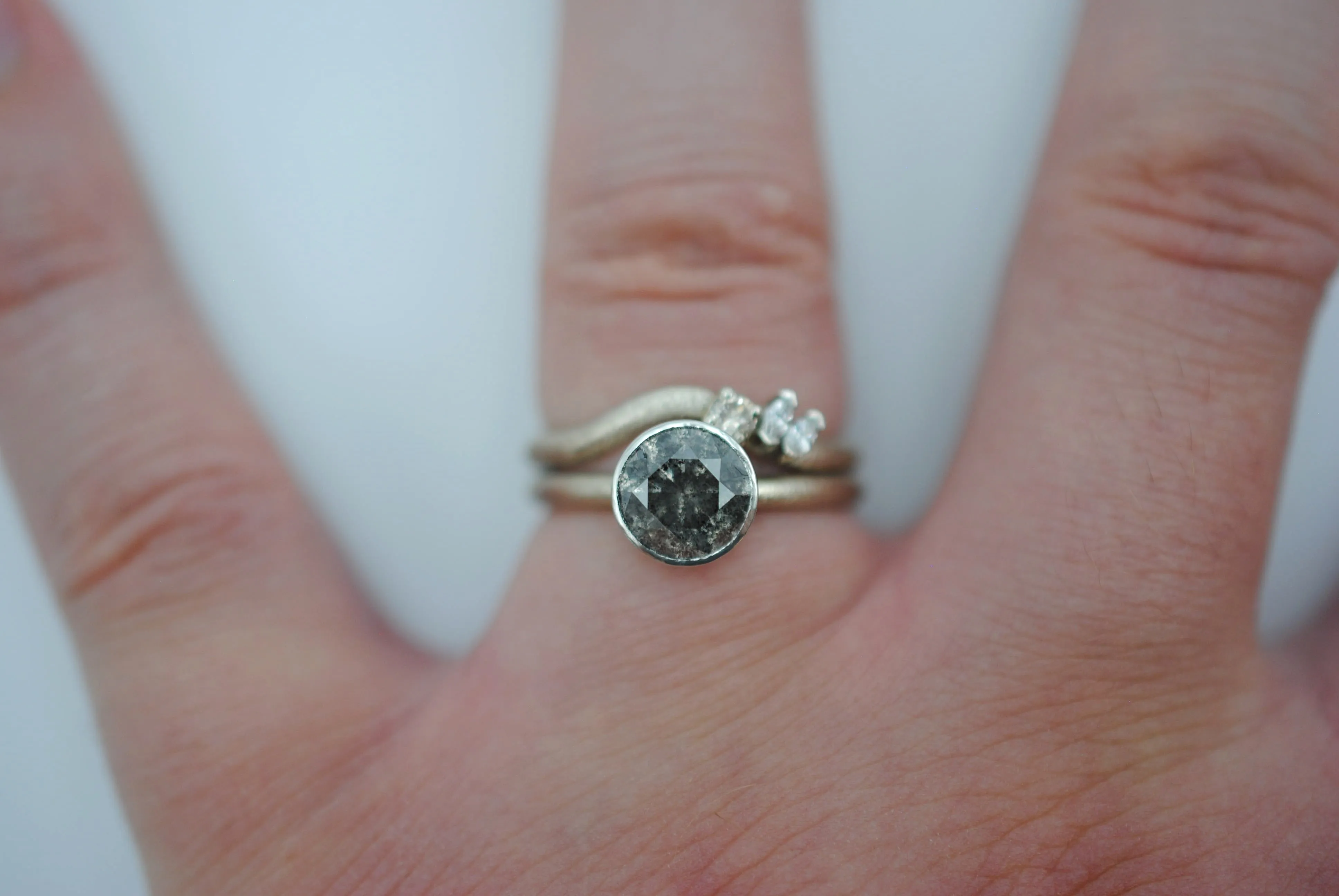Salt and Pepper Ring: Round Cut, Stardust Palladium White Gold Band, Platinum Bezel Setting with Wedding Band