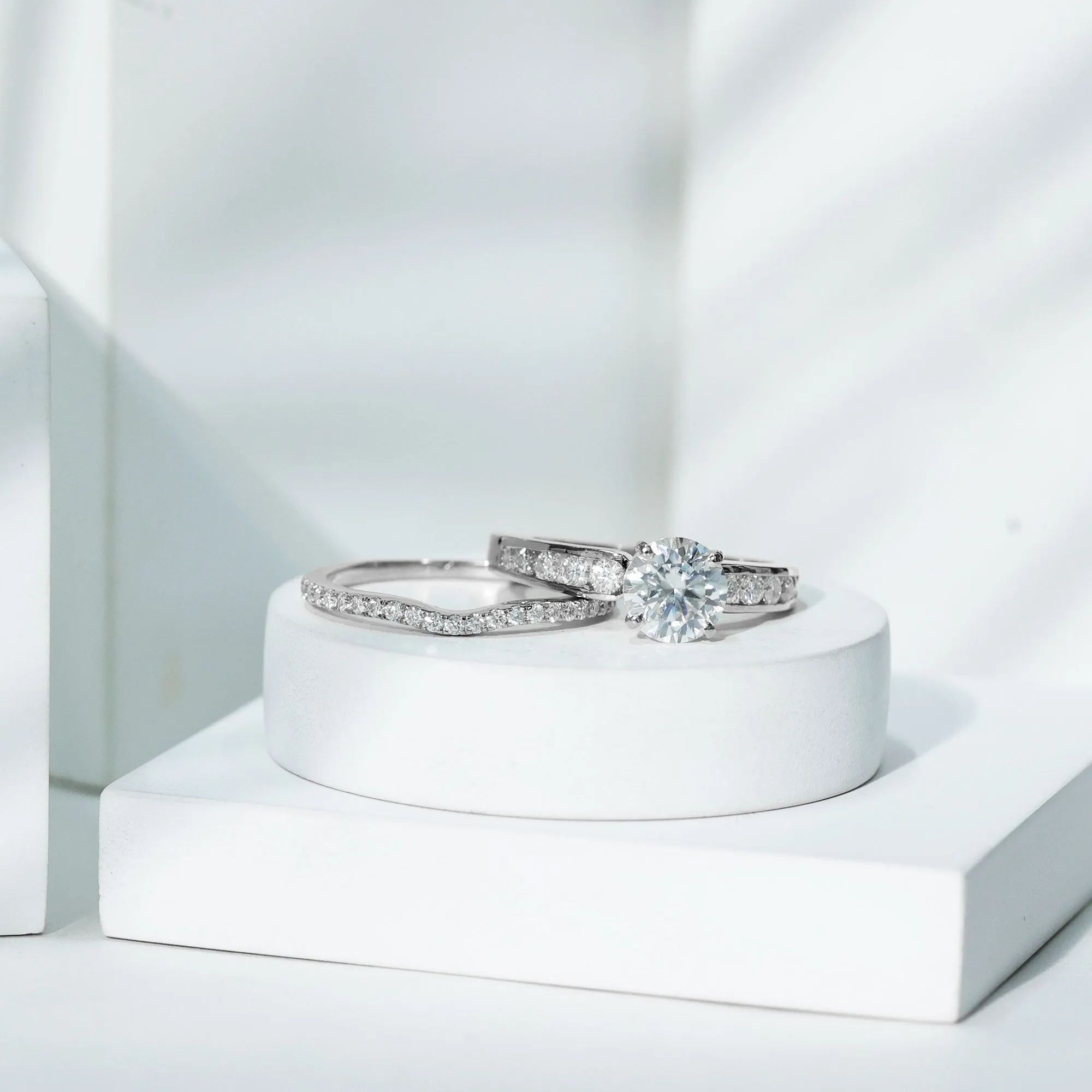Solitaire Moissanite Engagement Ring and Shadow Band