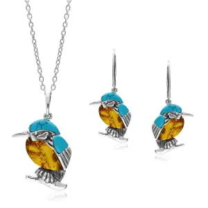 Sterling Silver Amber & Turquoise Large Kingfisher Pendant & Earring Set