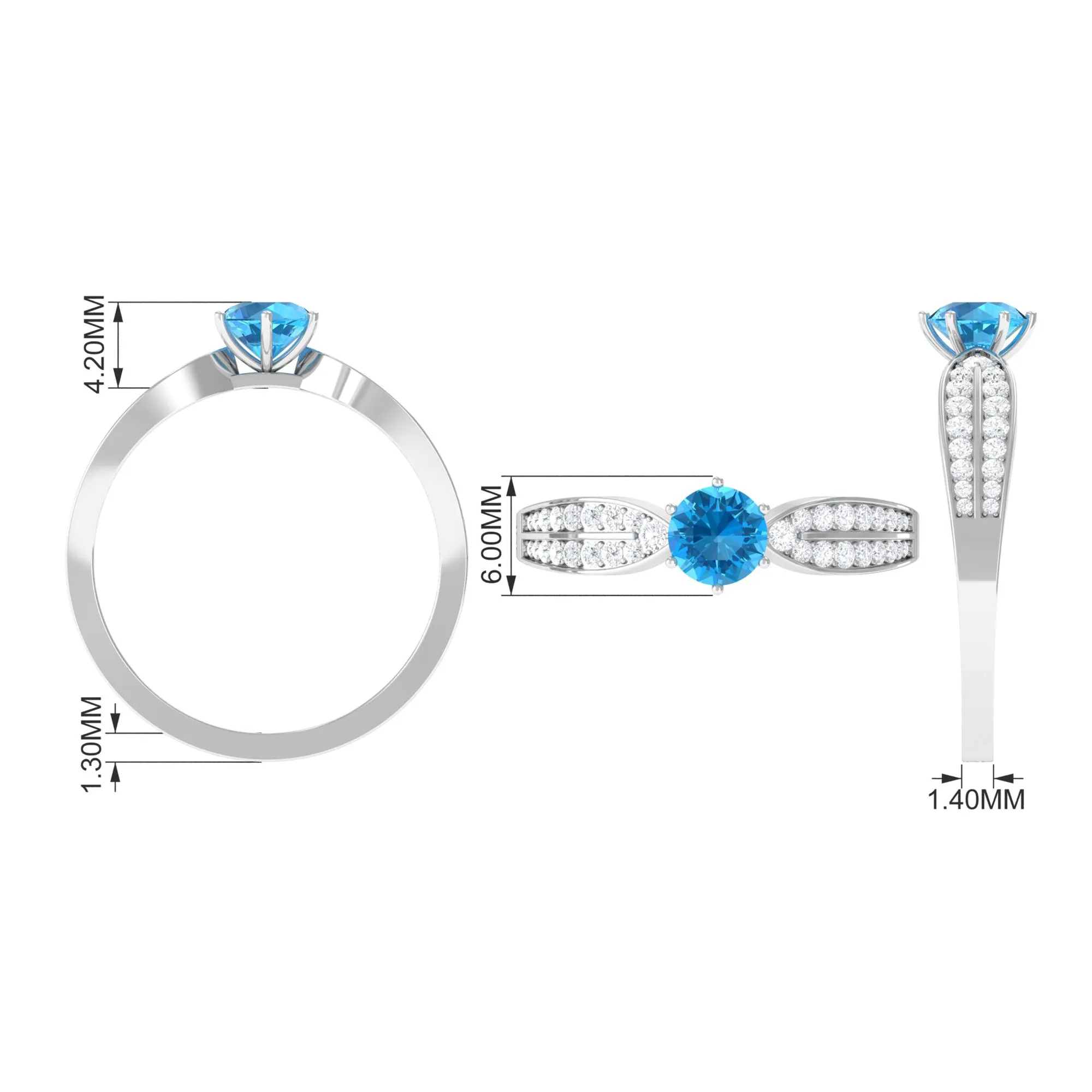 Swiss Blue Topaz Engagement Ring with Diamond Side Stones