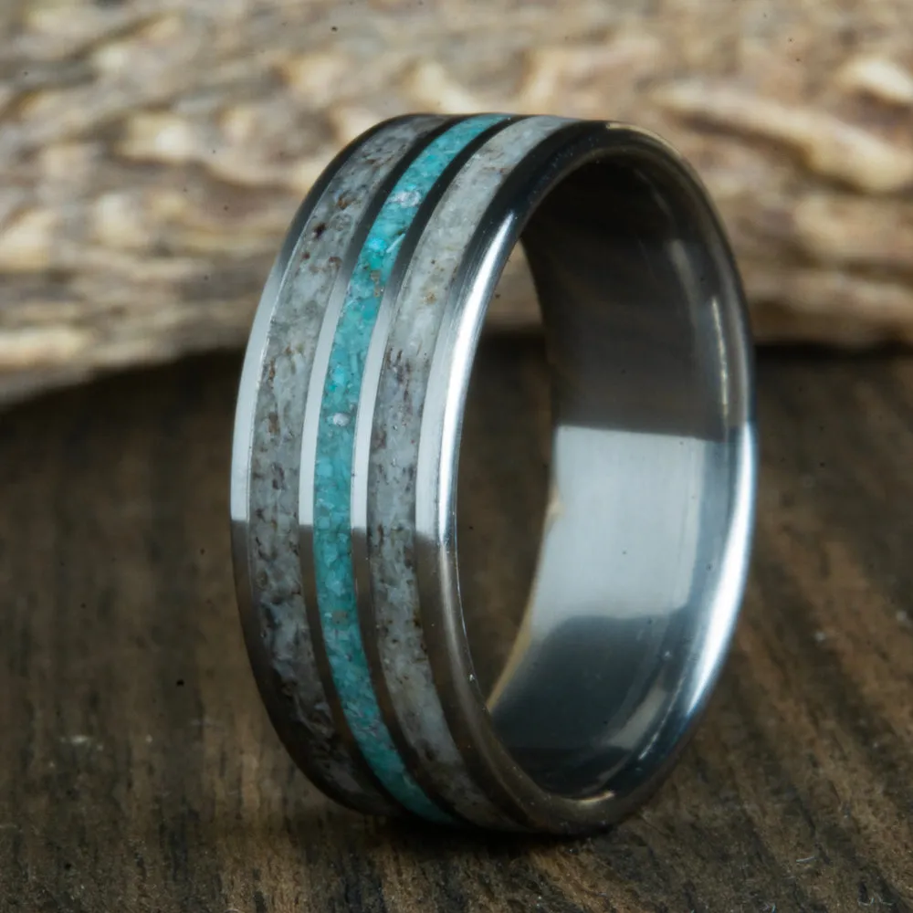 Titanium ring with double Antler inlay and turquoise