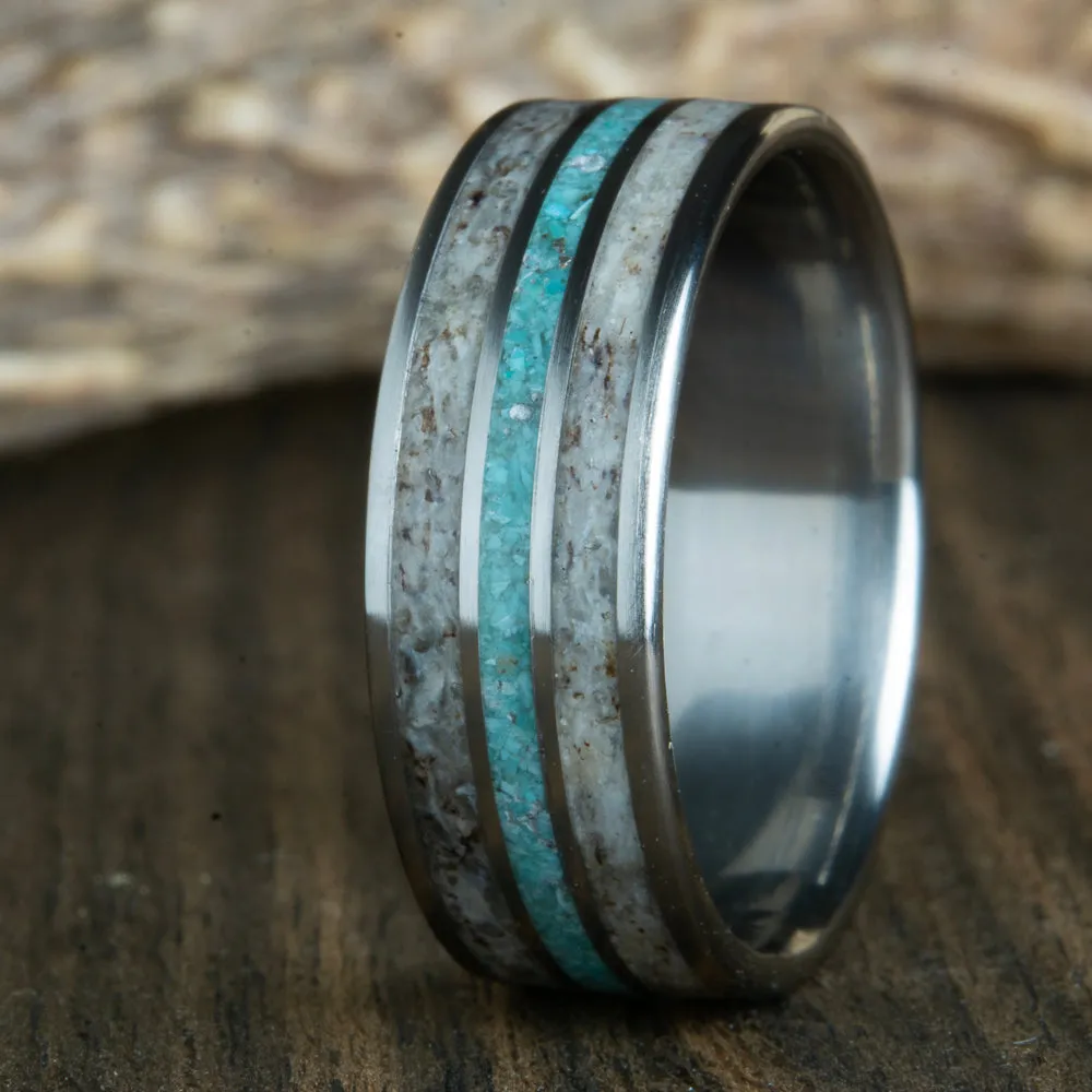 Titanium ring with double Antler inlay and turquoise