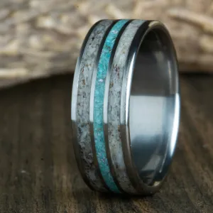 Titanium ring with double Antler inlay and turquoise