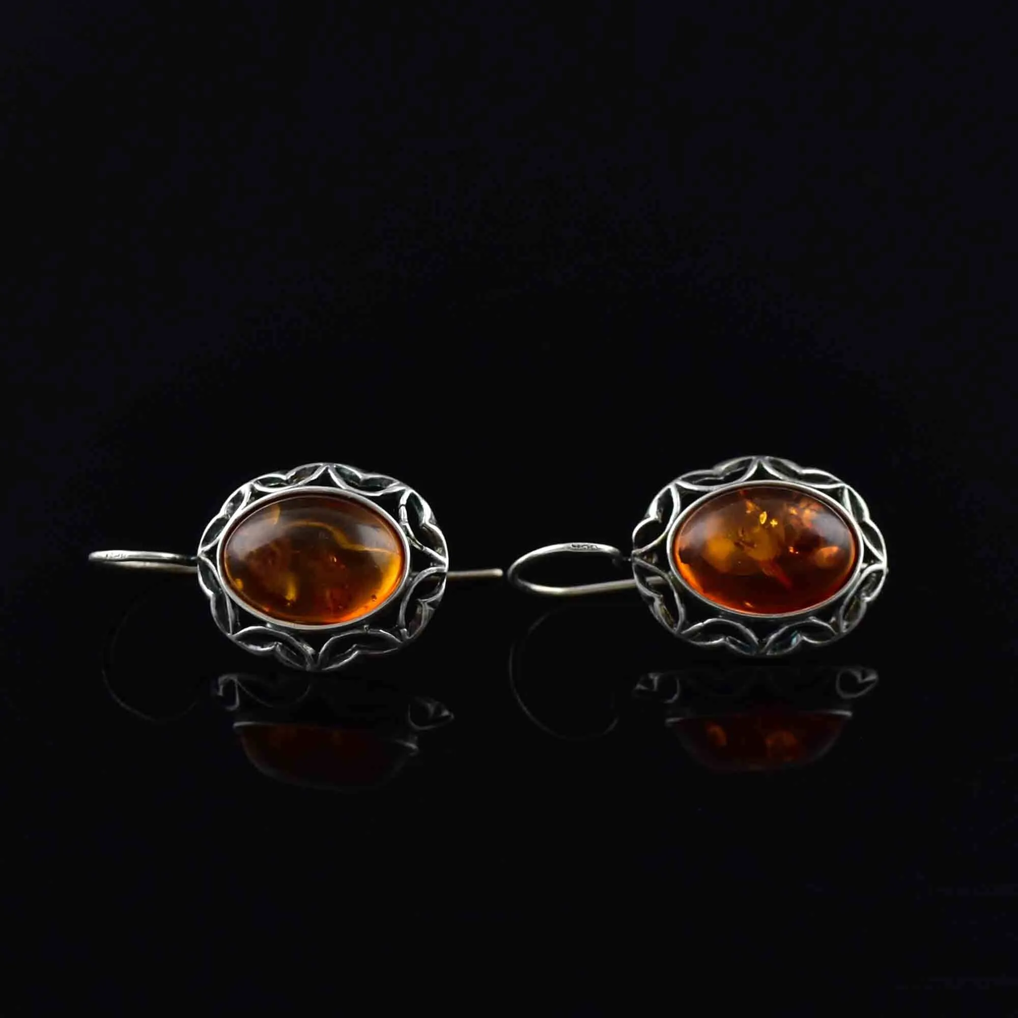 Vintage Silver Heart Amber Cabochon Statement Earrings