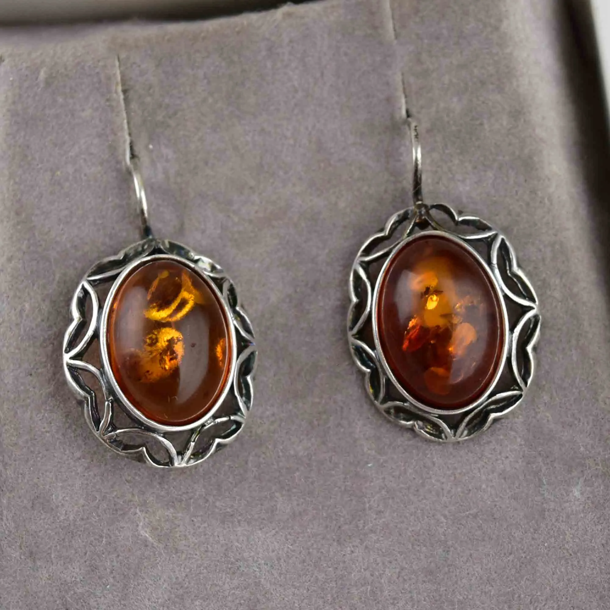 Vintage Silver Heart Amber Cabochon Statement Earrings