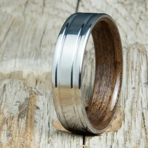 Walnut bentwood ring with polished 6mm double groove titanium