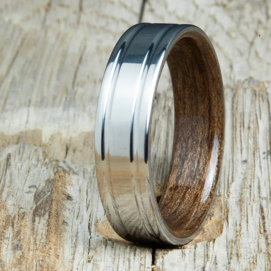 Walnut bentwood ring with polished 6mm double groove titanium