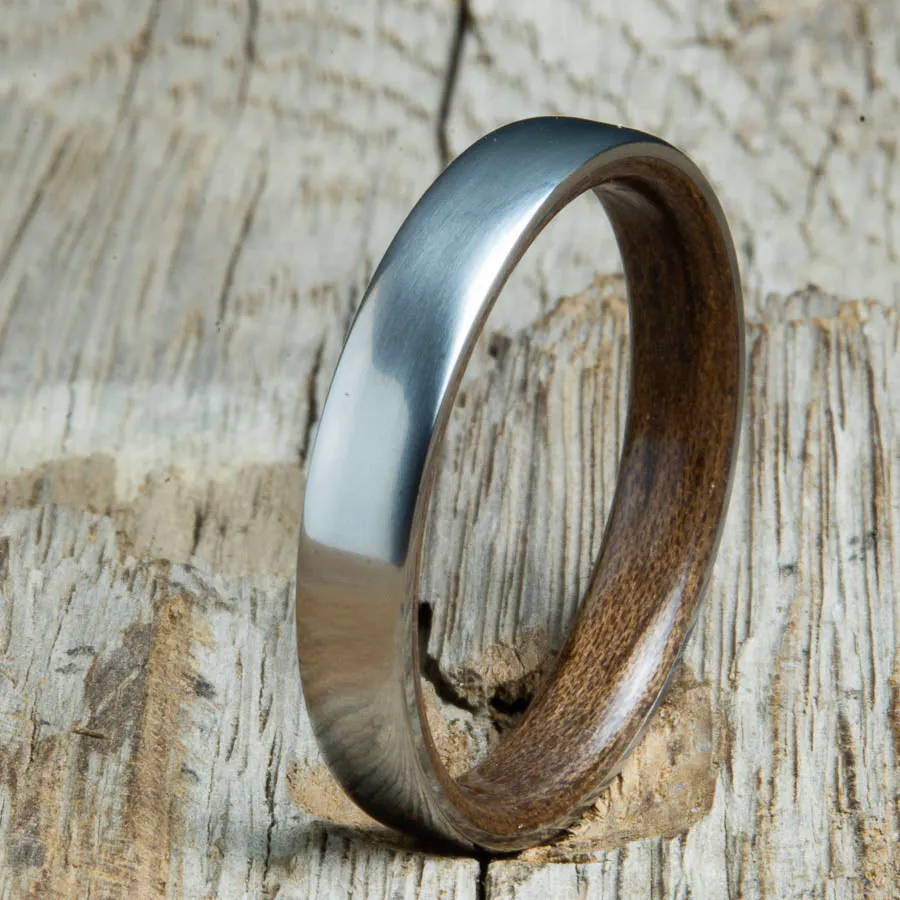 Walnut wood lined Womens wood ring with satin titanium