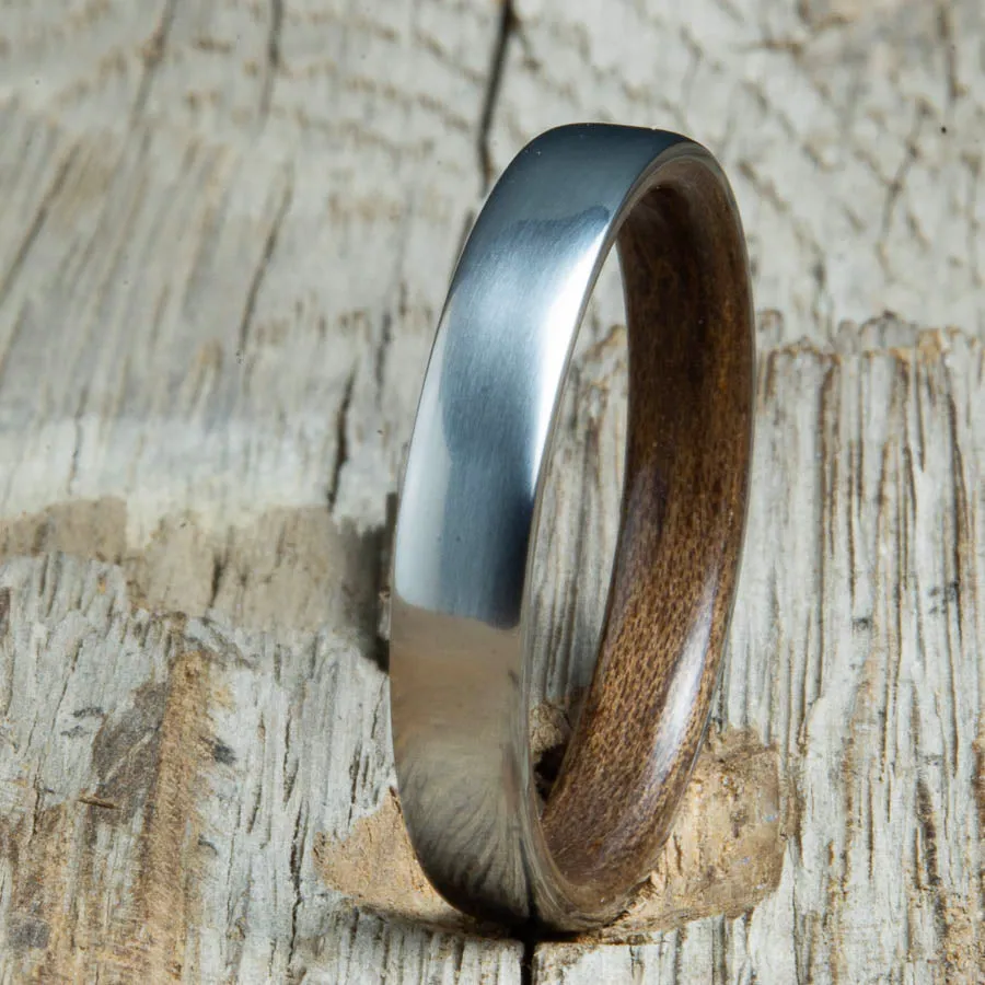 Walnut wood lined Womens wood ring with satin titanium