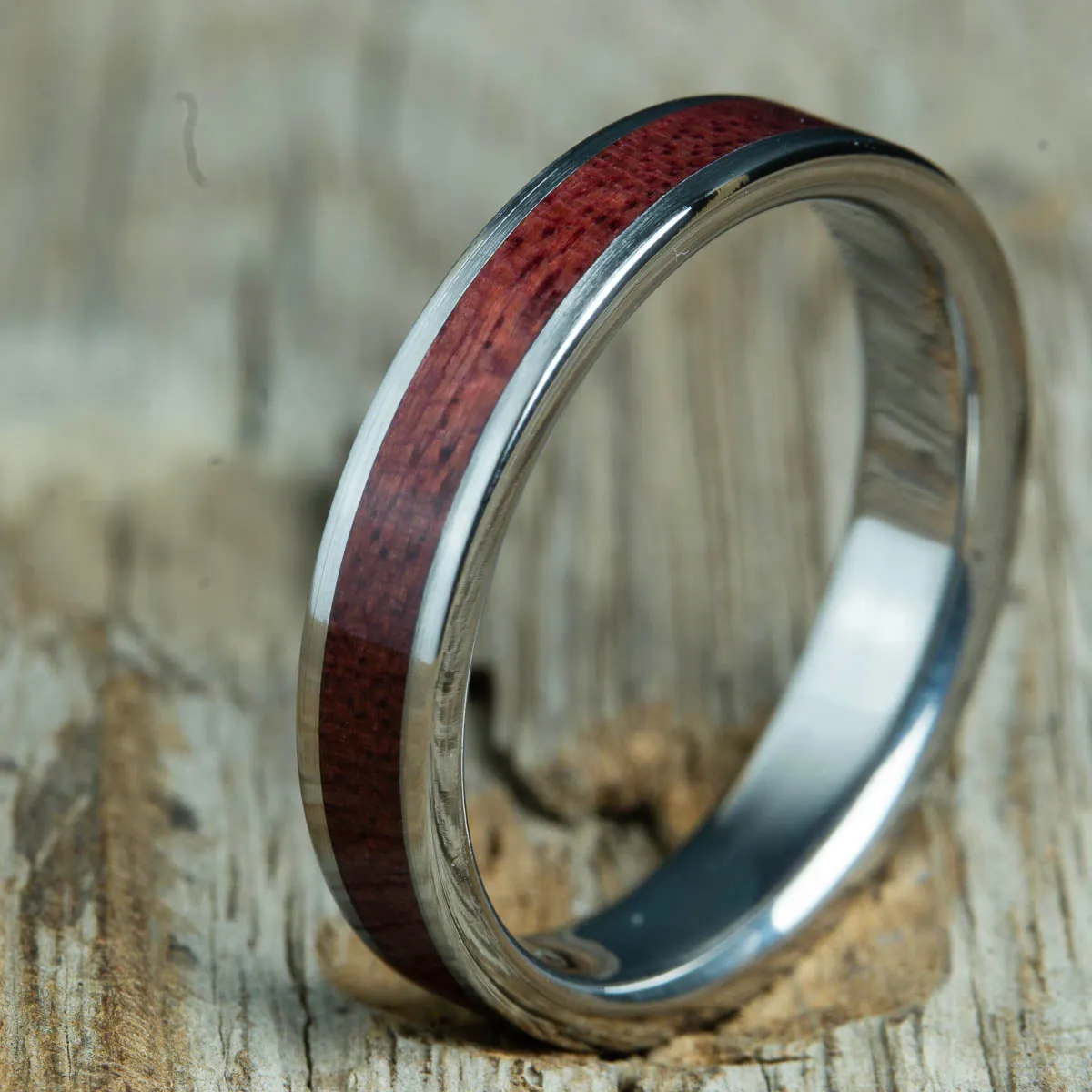 Womens wood wedding band with purpleheart