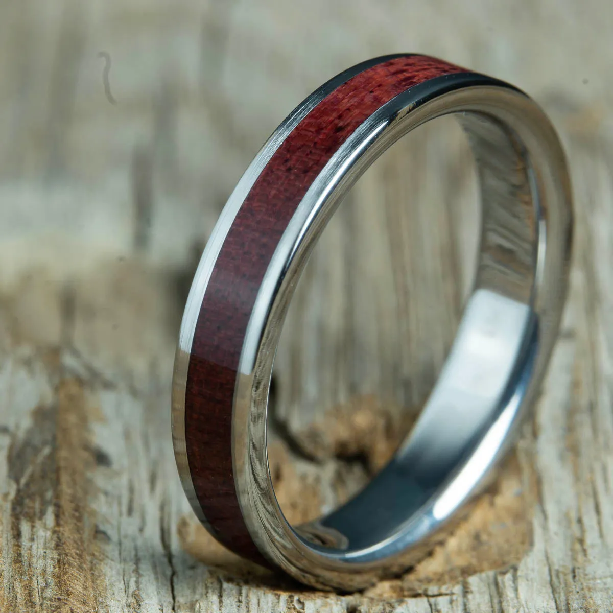 Womens wood wedding band with purpleheart
